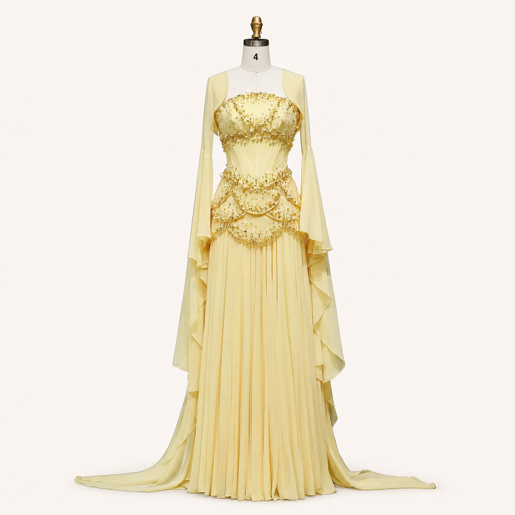 Blue Strapless Beaded Corset Gown with Sheer Cape Sleeves SL188