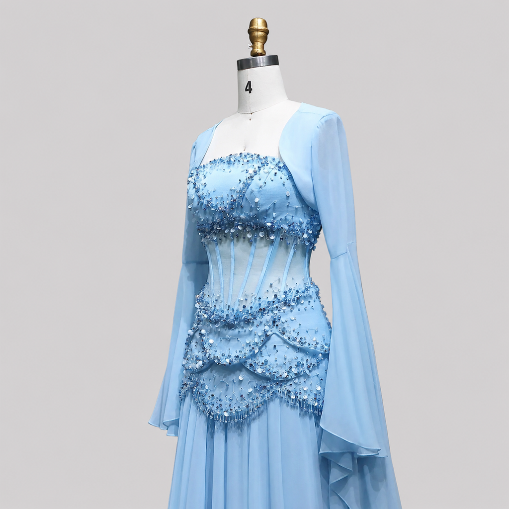Blue Strapless Beaded Corset Gown with Sheer Cape Sleeves SL188