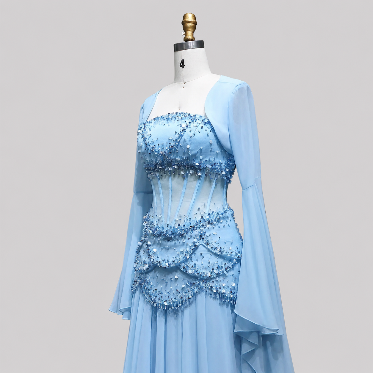 Blue Strapless Beaded Corset Gown with Sheer Cape Sleeves SL188