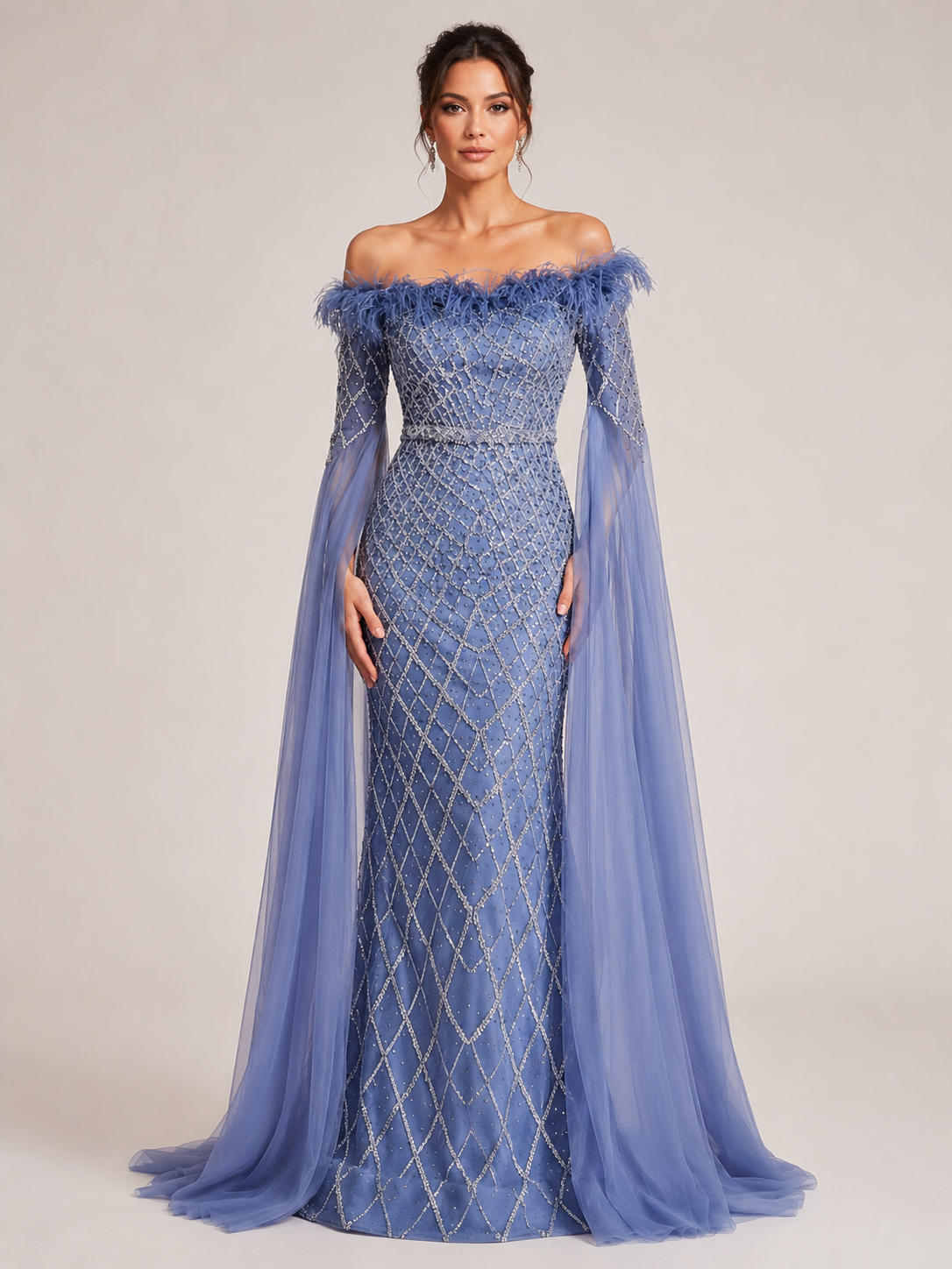 Elegant Steel Blue Off-Shoulder Dress with Crystal Beading and Long Cape SL189