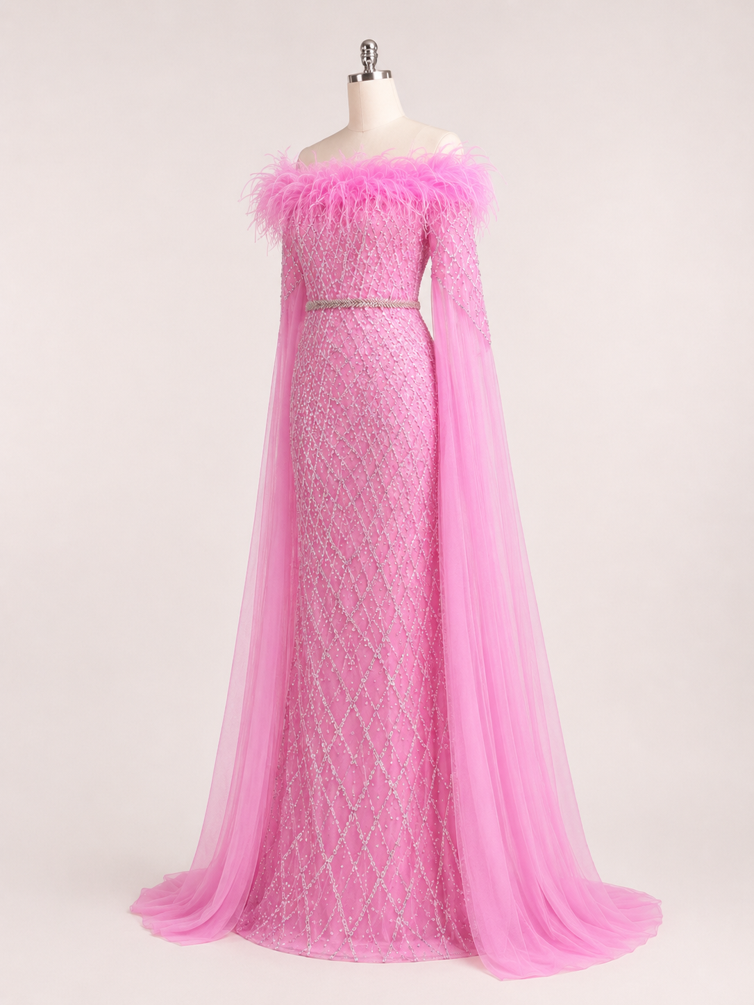 Elegant Steel Blue Off-Shoulder Dress with Crystal Beading and Long Cape SL189