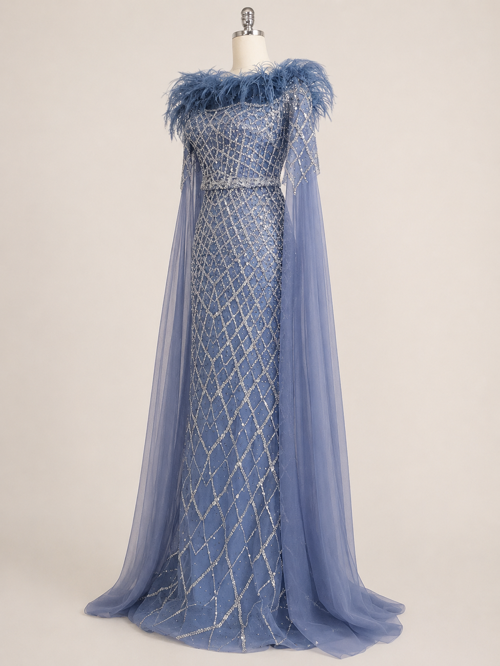 Elegant Steel Blue Off-Shoulder Dress with Crystal Beading and Long Cape SL189