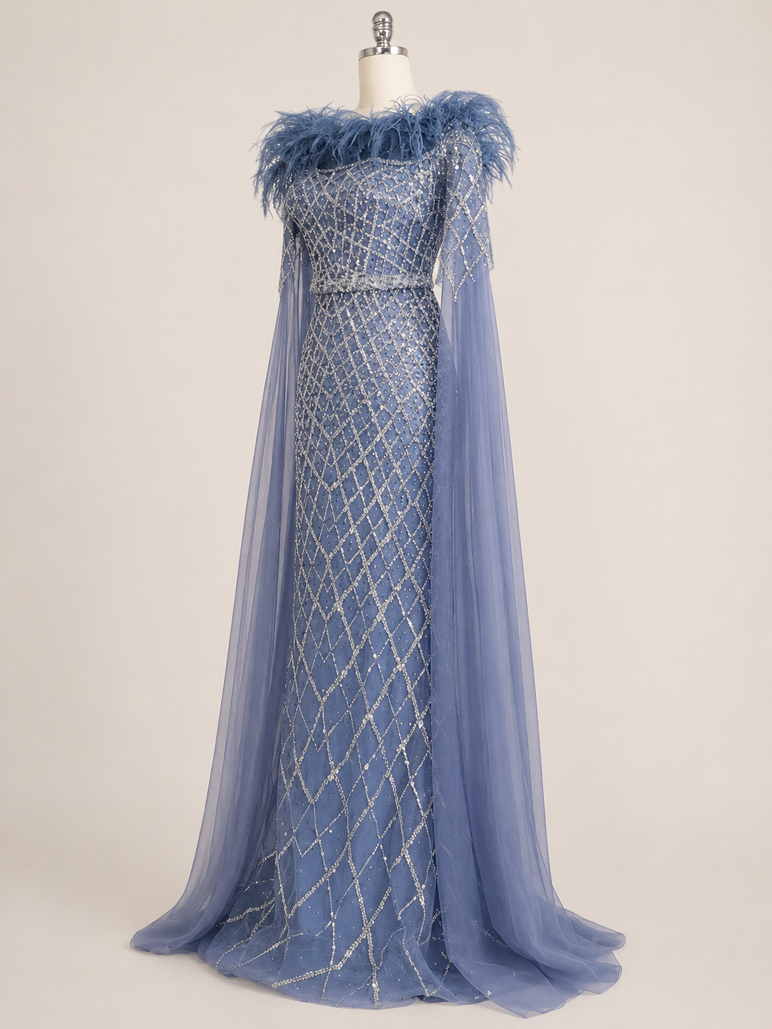 Elegant Steel Blue Off-Shoulder Dress with Crystal Beading and Long Cape SL189