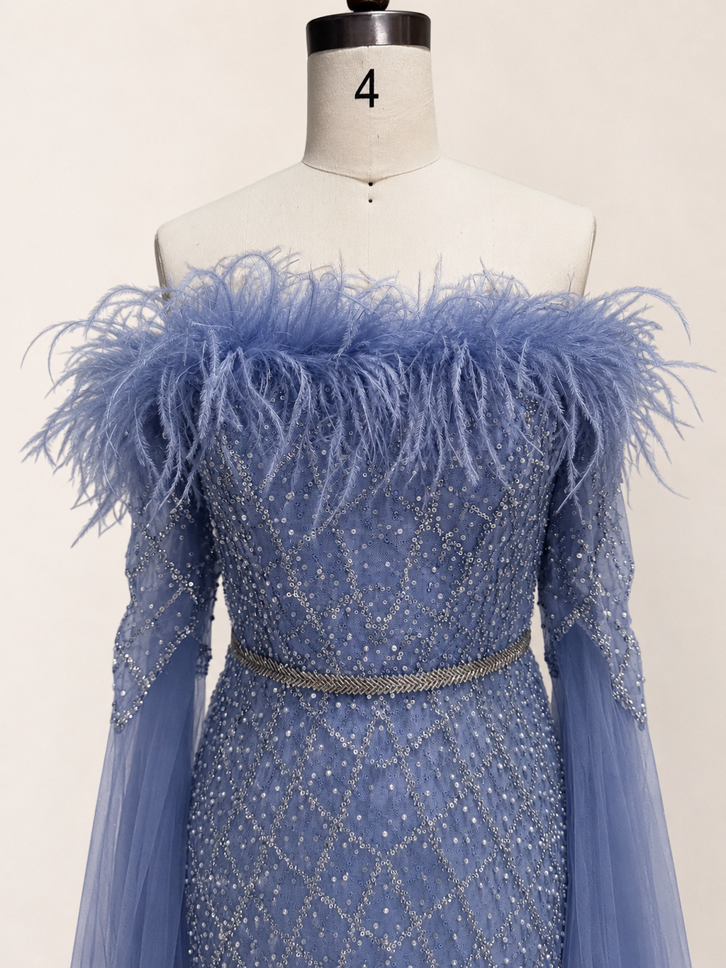 Elegant Steel Blue Off-Shoulder Dress with Crystal Beading and Long Cape SL189