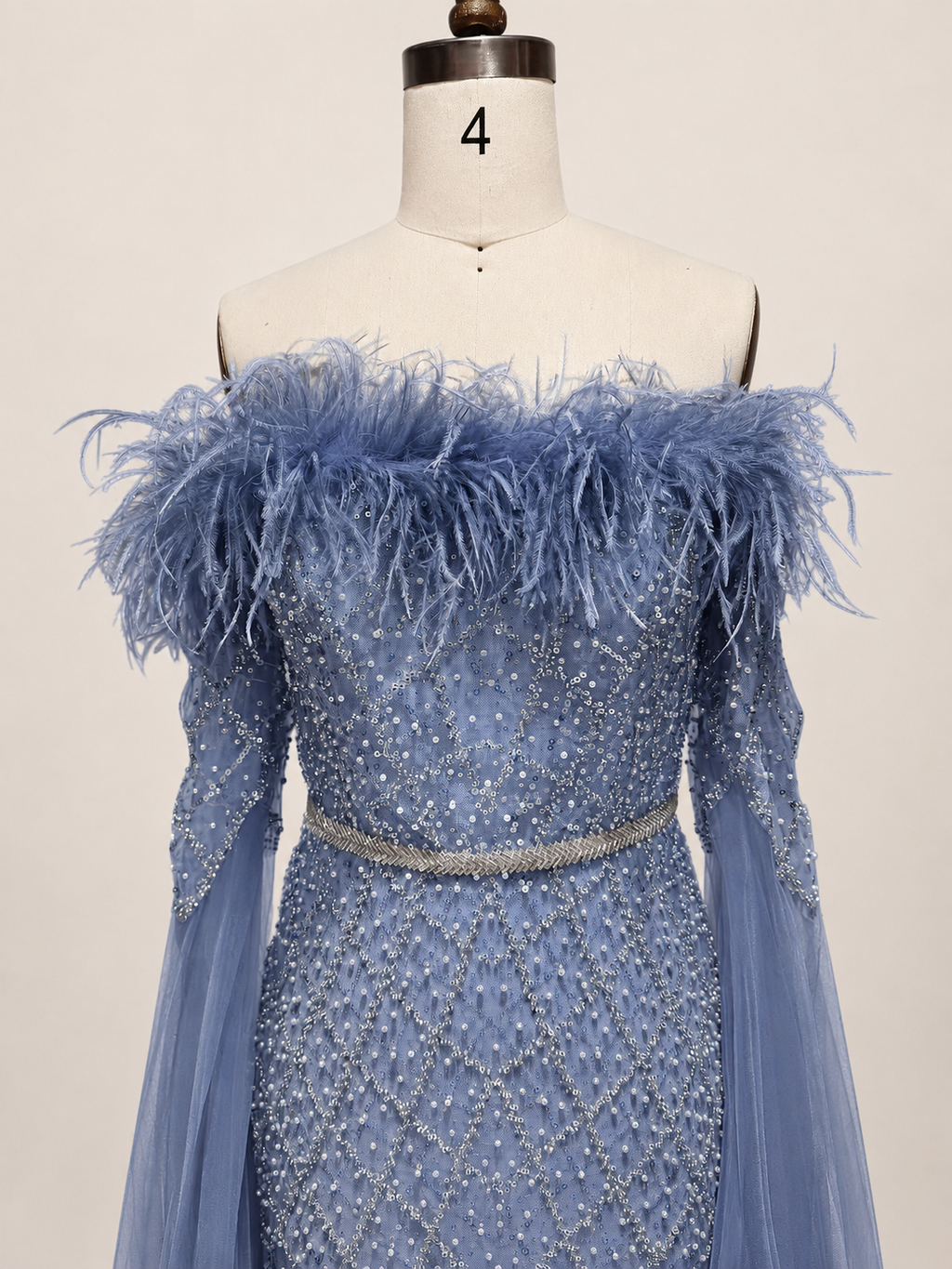 Elegant Steel Blue Off-Shoulder Dress with Crystal Beading and Long Cape SL189