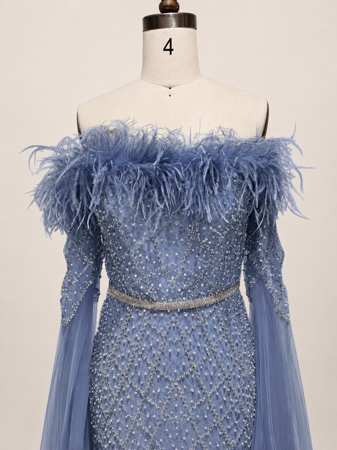 Elegant Steel Blue Off-Shoulder Dress with Crystal Beading and Long Cape SL189