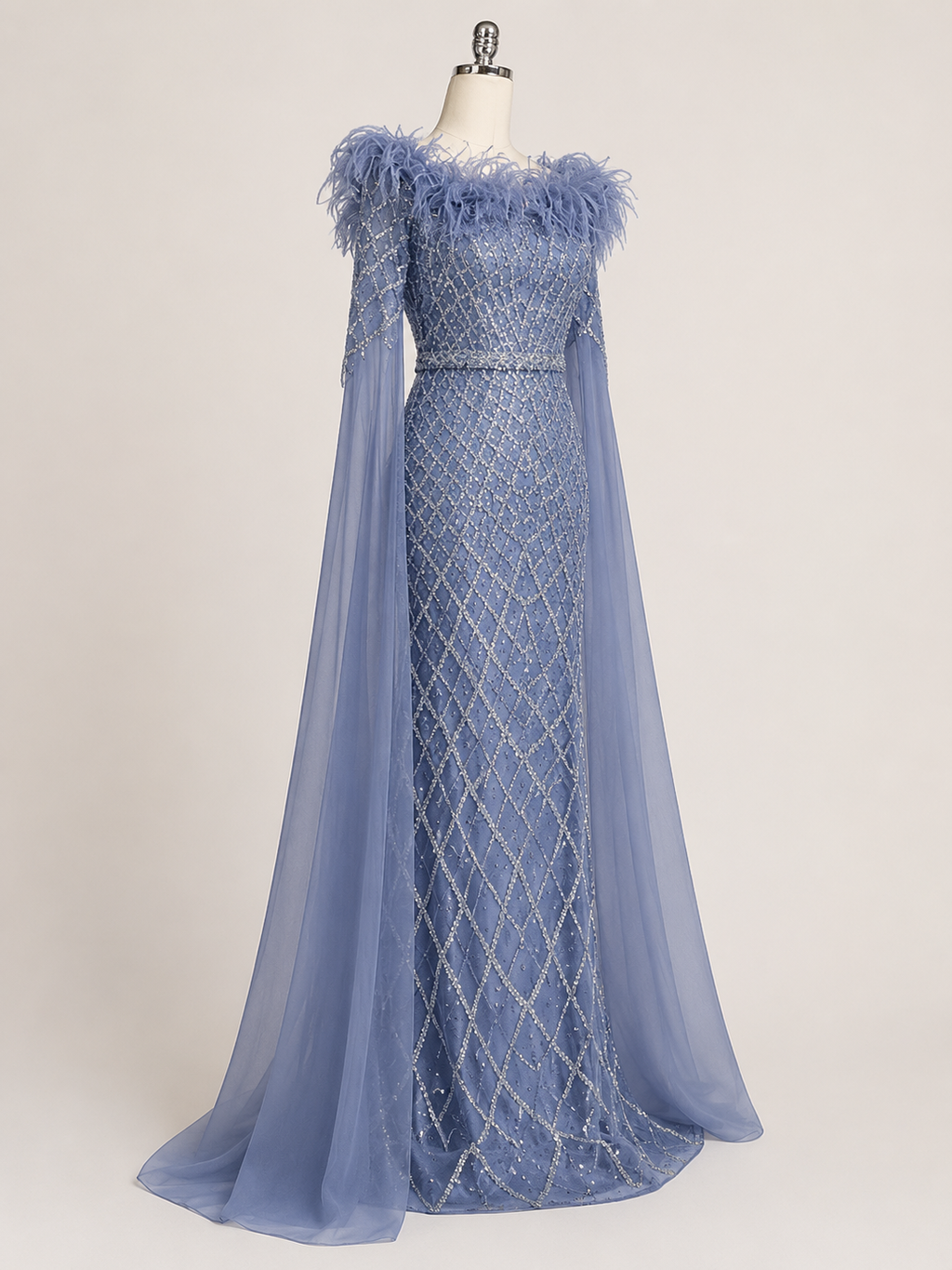 Elegant Steel Blue Off-Shoulder Dress with Crystal Beading and Long Cape SL189