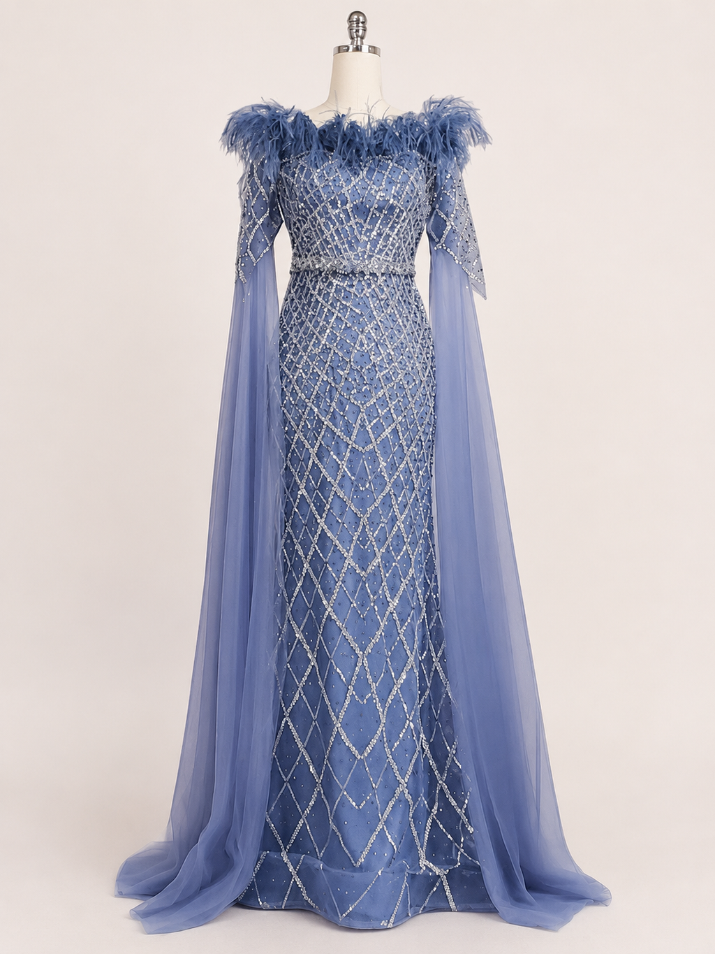 Elegant Steel Blue Off-Shoulder Dress with Crystal Beading and Long Cape SL189
