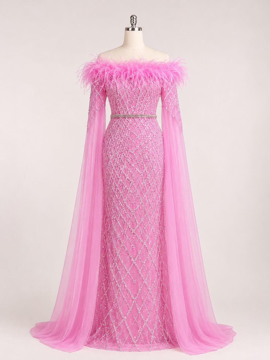 Elegant Steel Blue Off-Shoulder Dress with Crystal Beading and Long Cape SL189