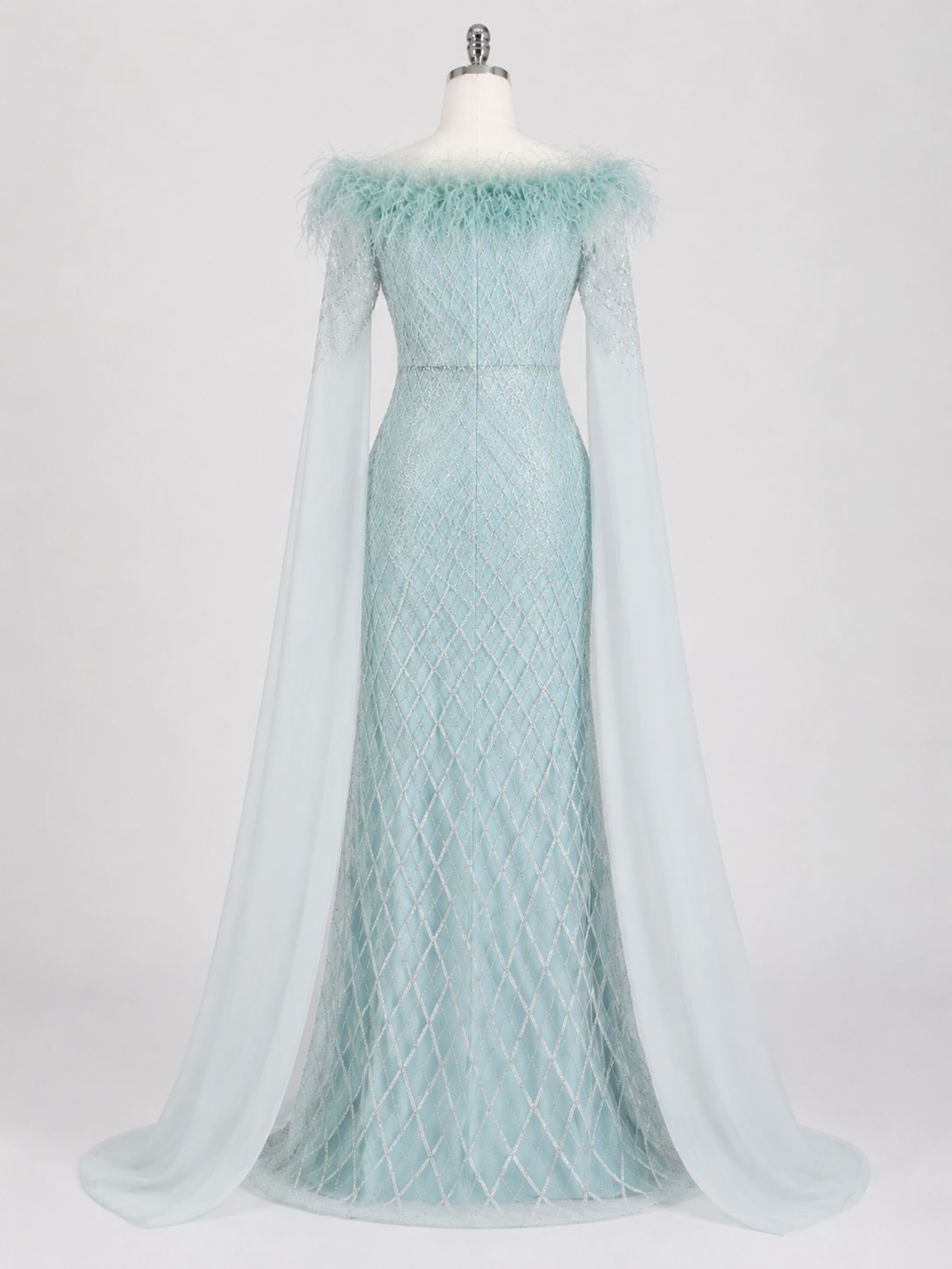 Elegant Steel Blue Off-Shoulder Dress with Crystal Beading and Long Cape SL189
