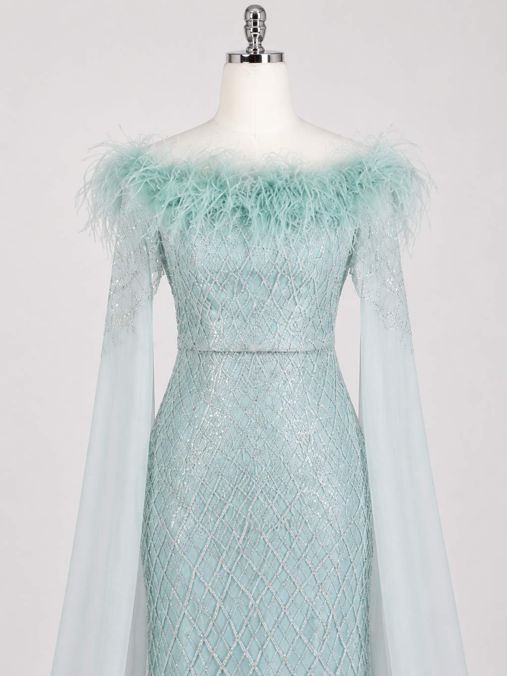Elegant Steel Blue Off-Shoulder Dress with Crystal Beading and Long Cape SL189