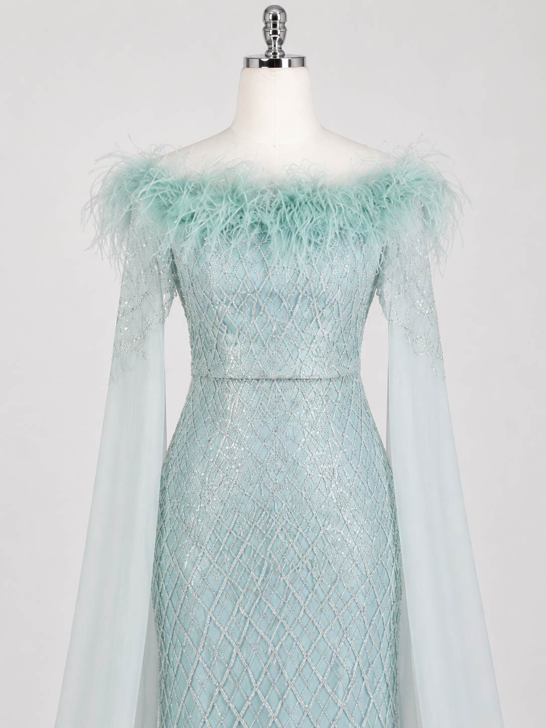 Elegant Steel Blue Off-Shoulder Dress with Crystal Beading and Long Cape SL189