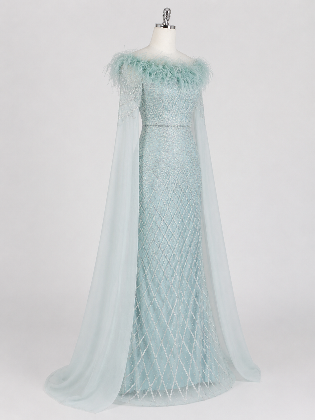 Elegant Steel Blue Off-Shoulder Dress with Crystal Beading and Long Cape SL189