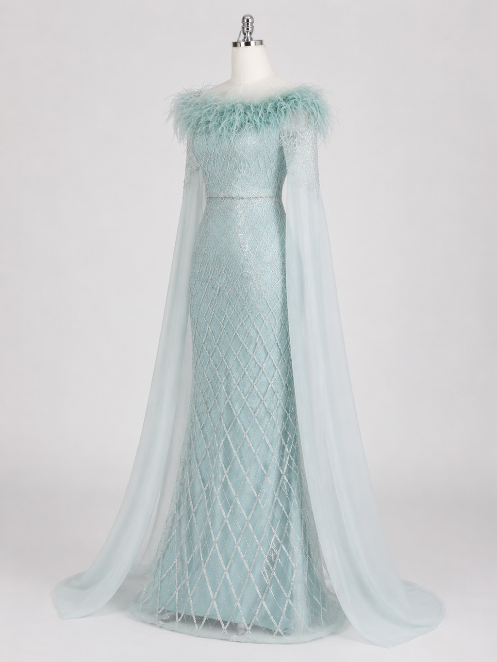 Elegant Steel Blue Off-Shoulder Dress with Crystal Beading and Long Cape SL189