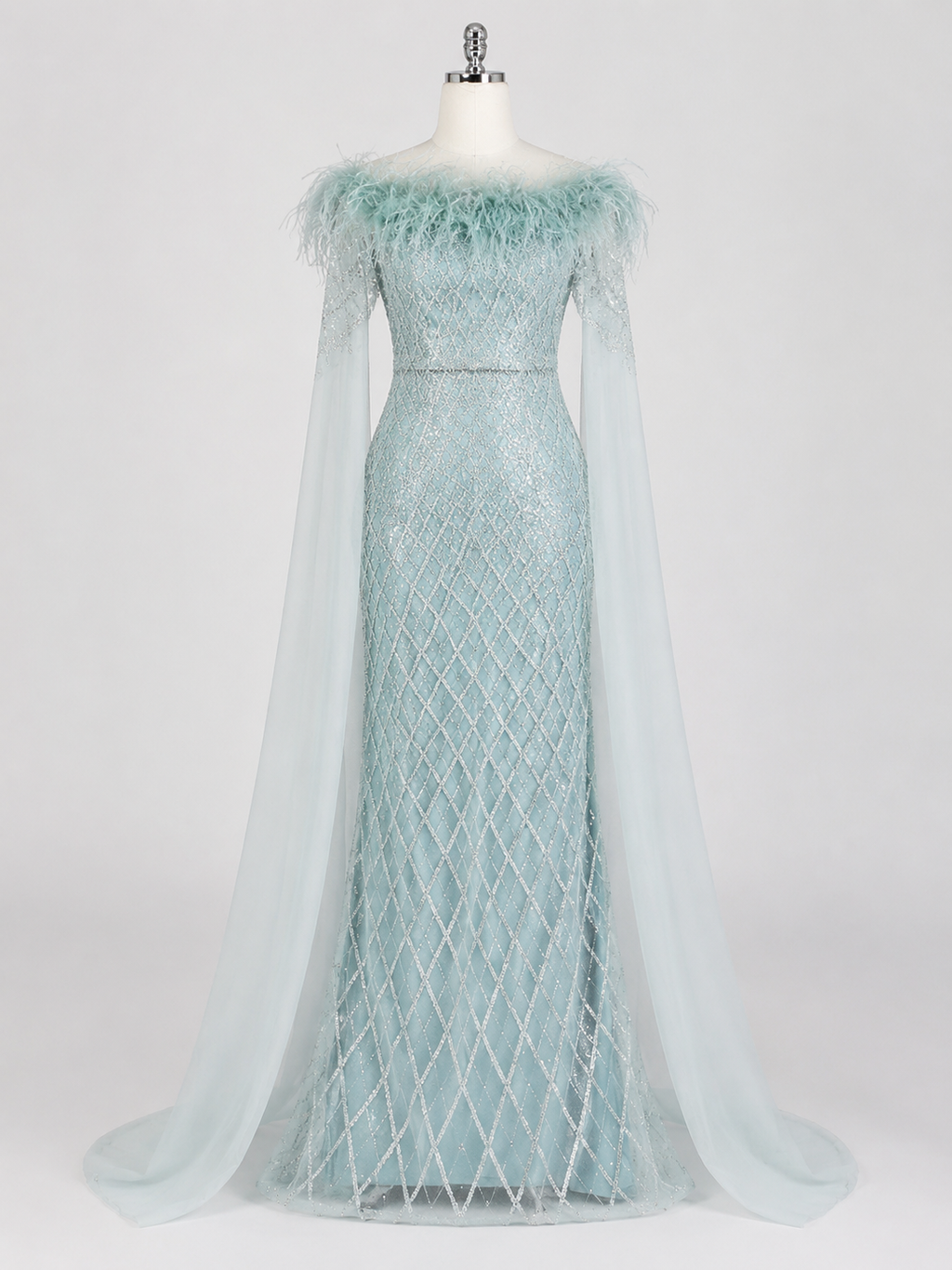 Elegant Steel Blue Off-Shoulder Dress with Crystal Beading and Long Cape SL189