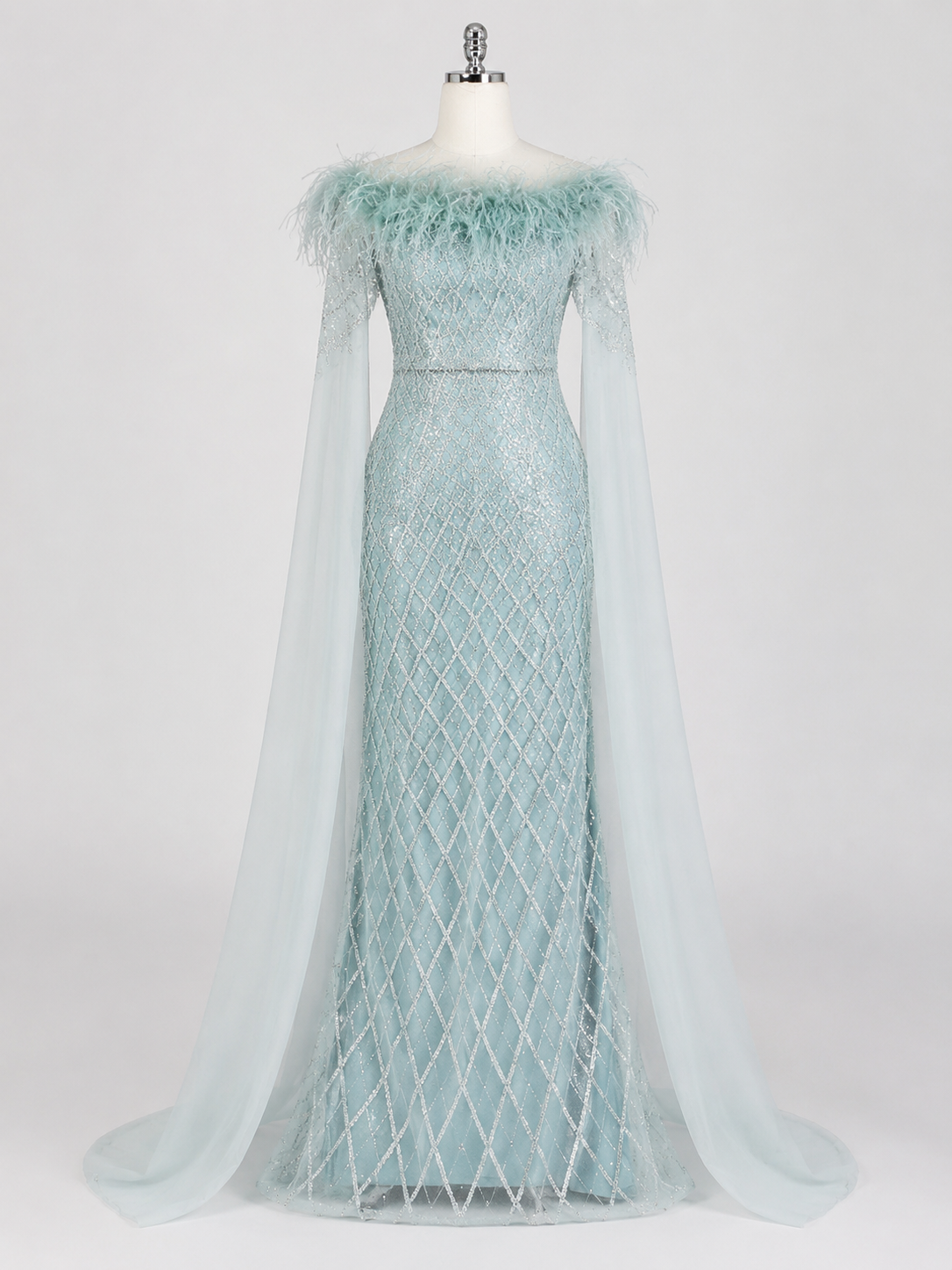 Elegant Steel Blue Off-Shoulder Dress with Crystal Beading and Long Cape SL189