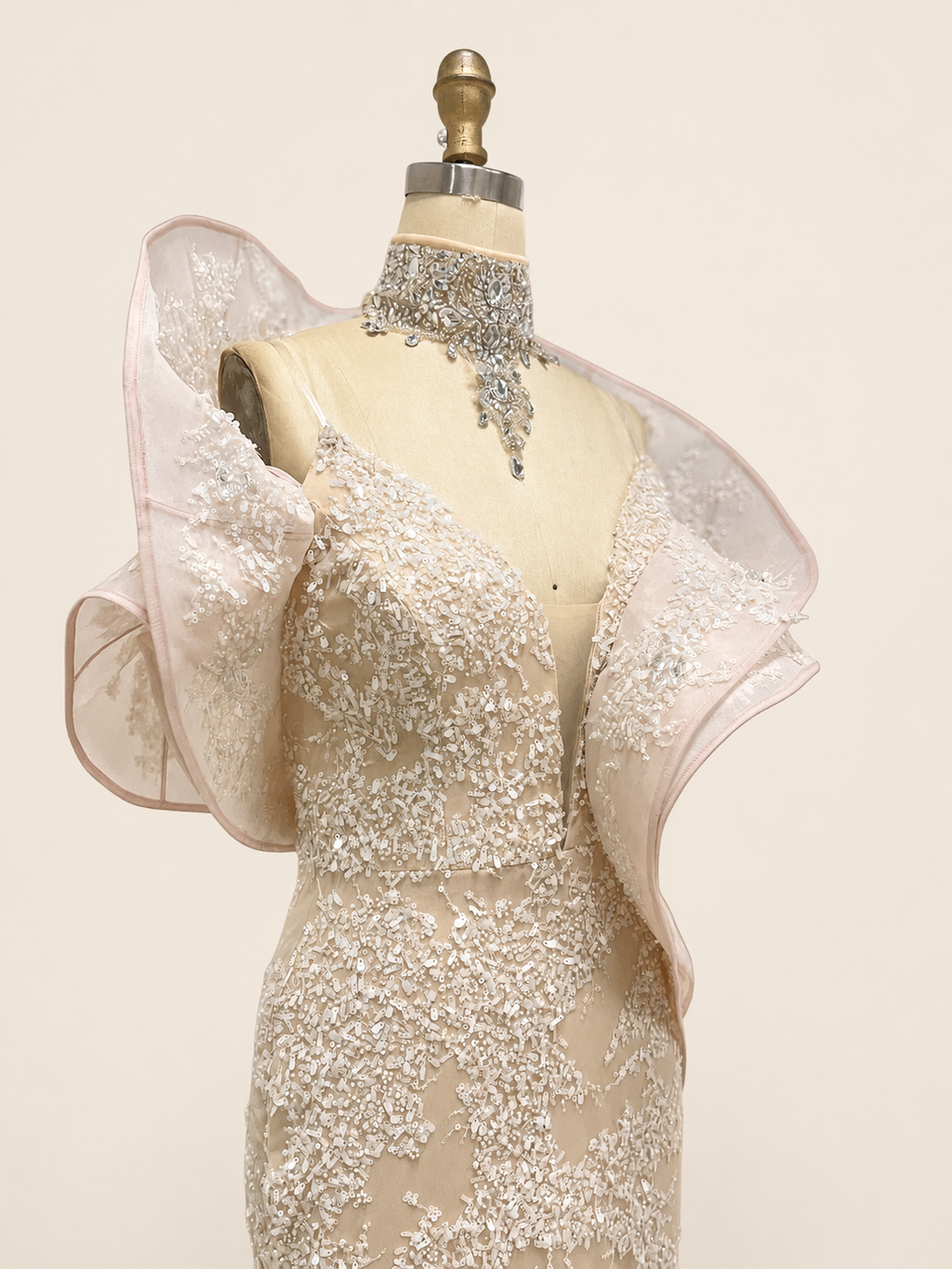 Blush Pink Embroidered Evening Gown with Organza Shoulders SL190