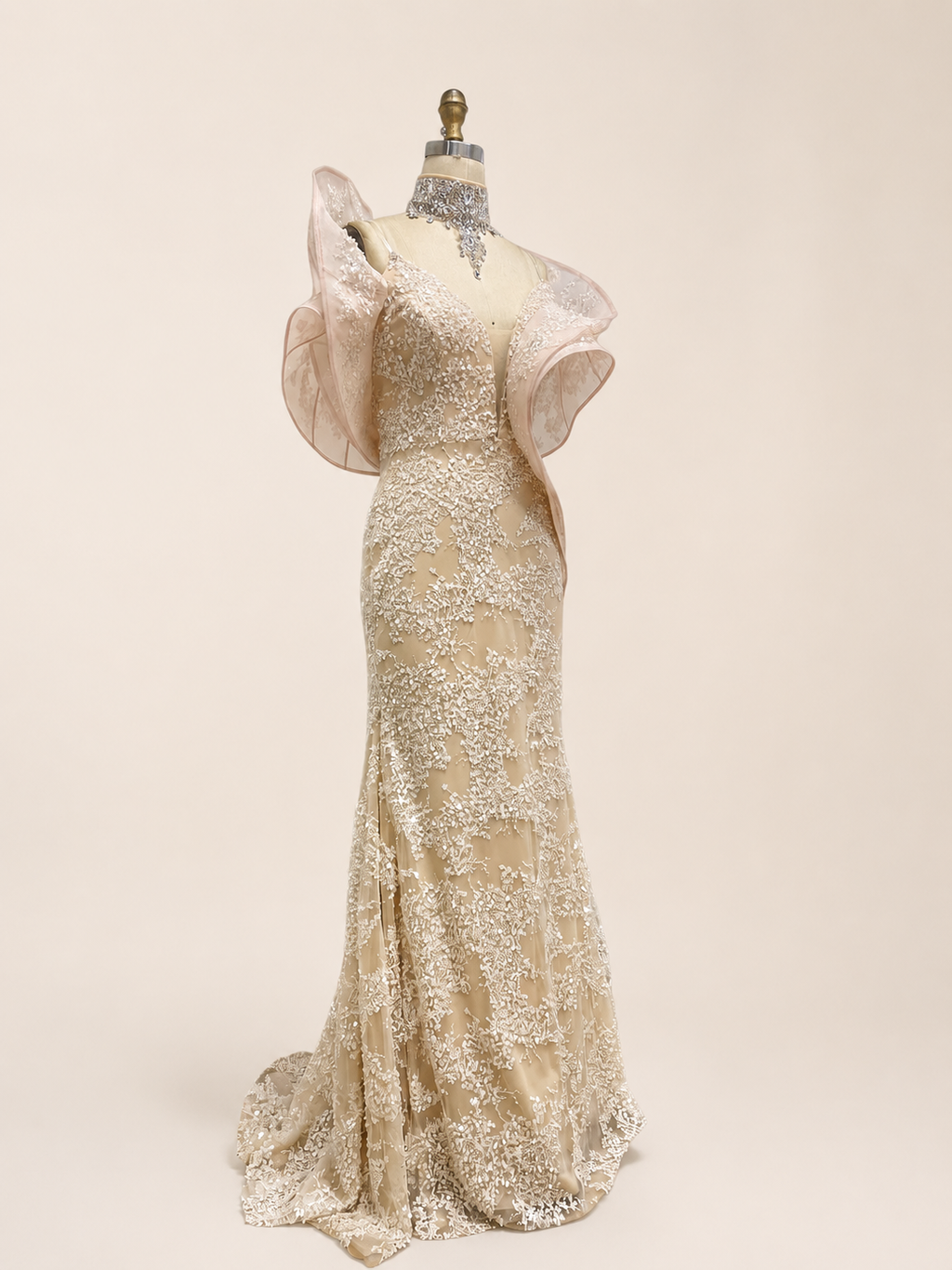 Blush Pink Embroidered Evening Gown with Organza Shoulders SL190