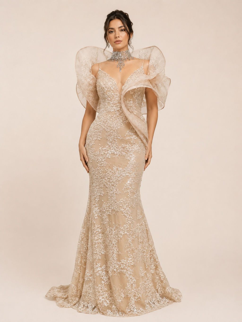 Blush Pink Embroidered Evening Gown with Organza Shoulders SL190