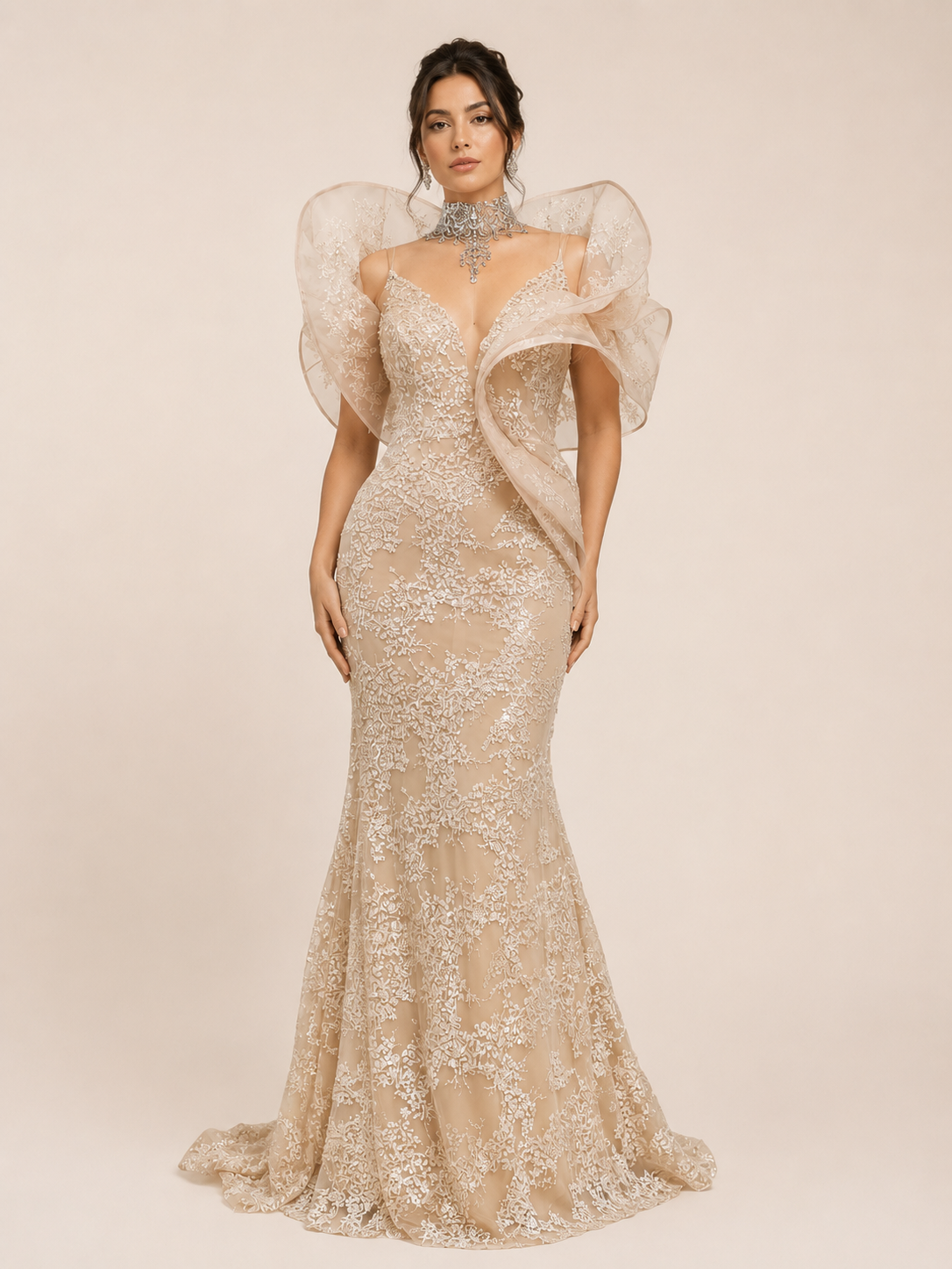 Blush Pink Embroidered Evening Gown with Organza Shoulders SL190