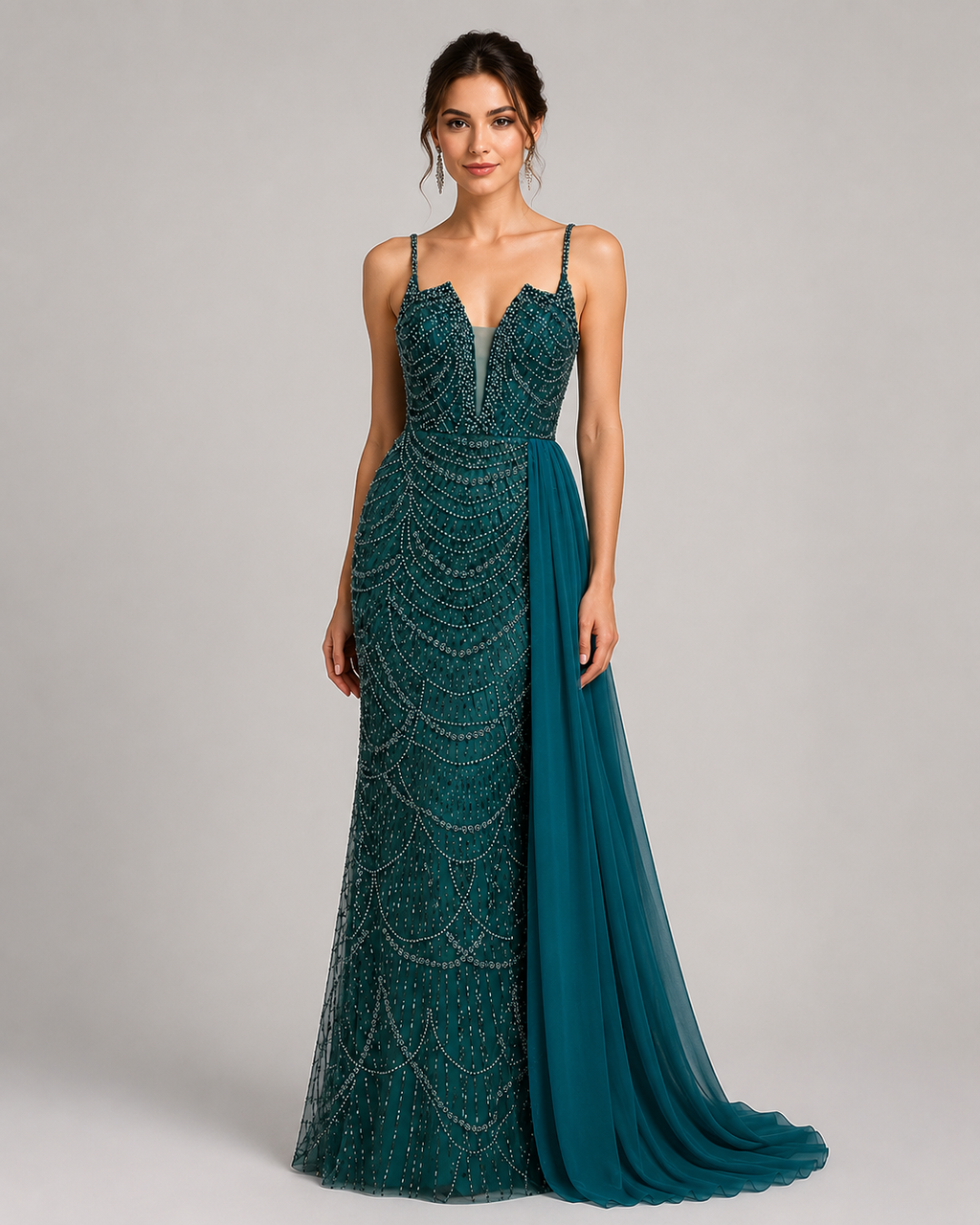 Glamorous Beaded Evening Dress with High Slit and Tulle Overlay SL192