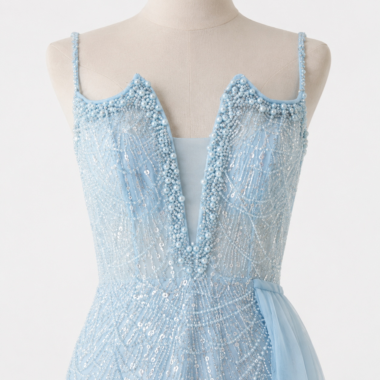 Glamorous Beaded Evening Dress with High Slit and Tulle Overlay SL192