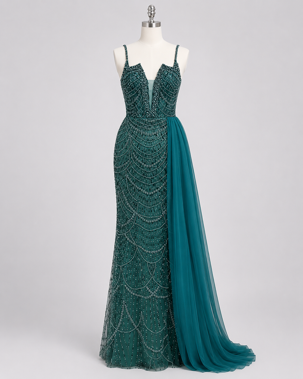 Glamorous Beaded Evening Dress with High Slit and Tulle Overlay SL192