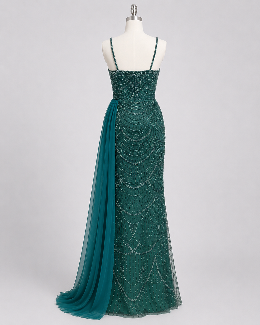 Glamorous Beaded Evening Dress with High Slit and Tulle Overlay SL192