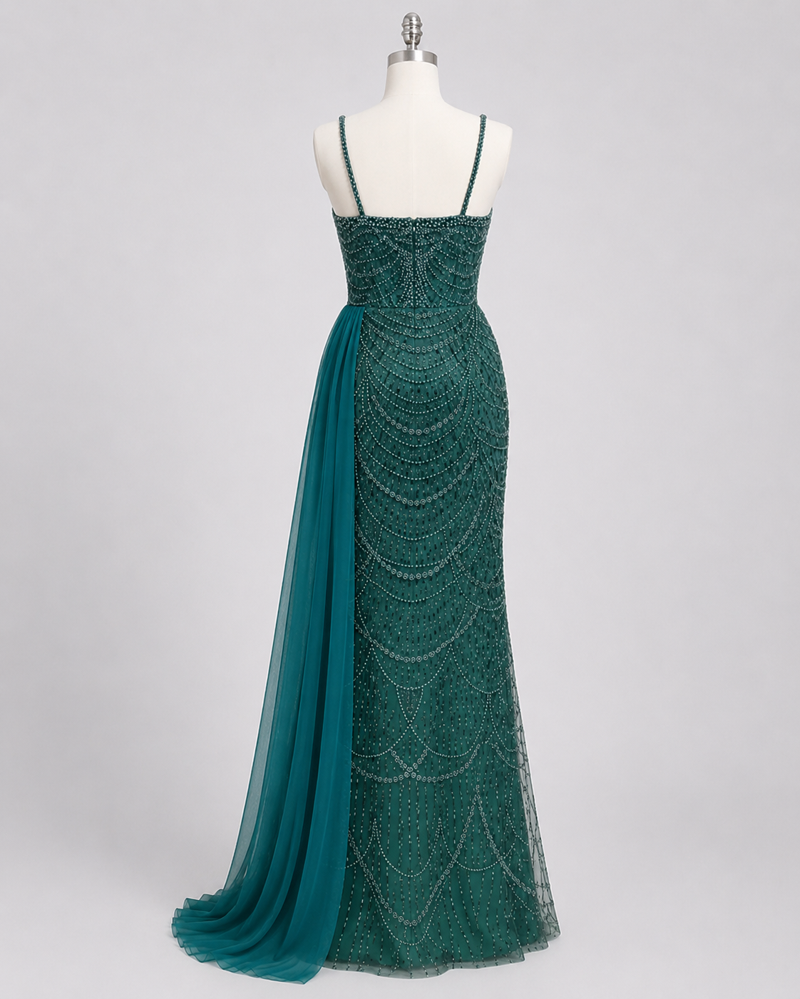 Glamorous Beaded Evening Dress with High Slit and Tulle Overlay SL192