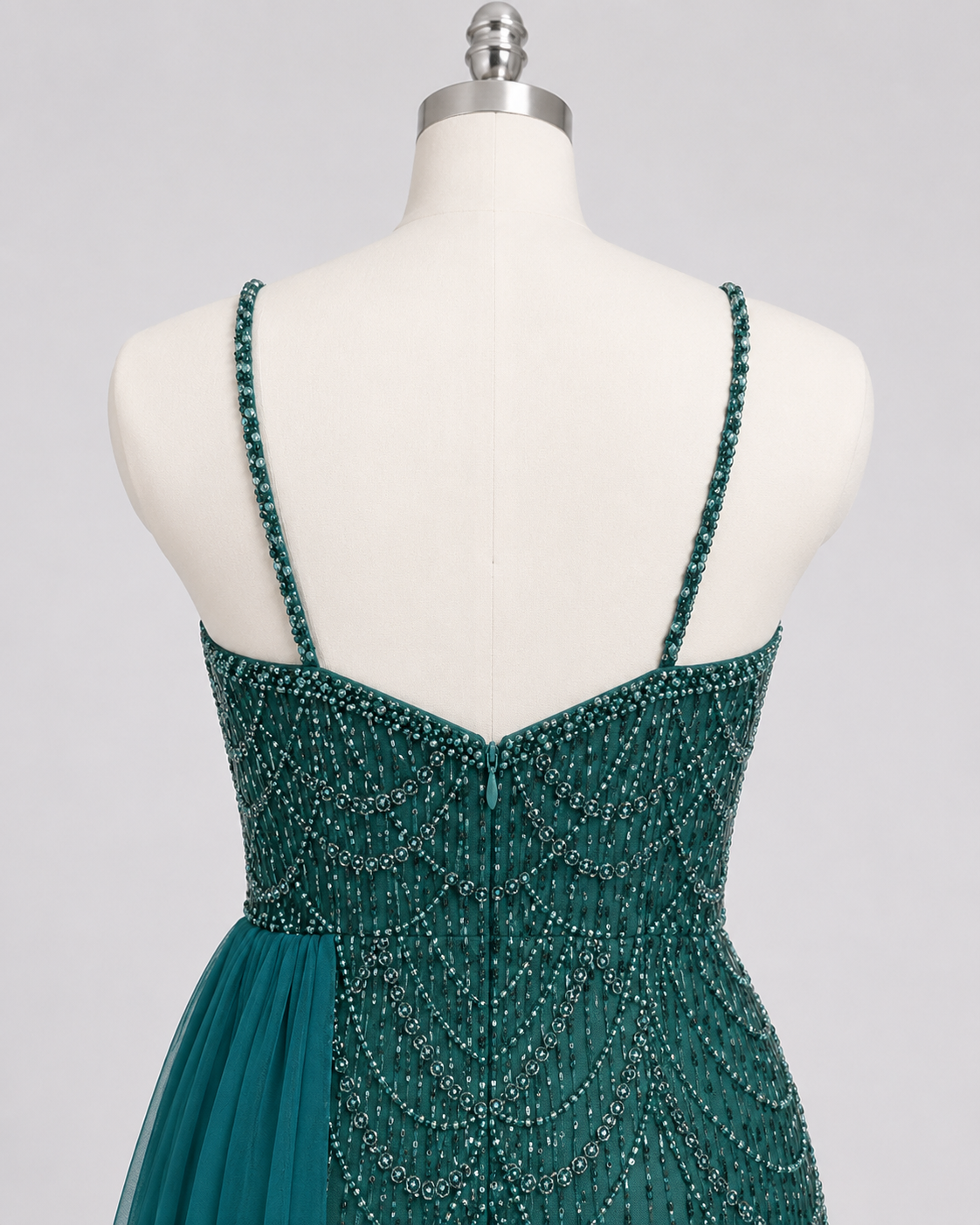 Glamorous Beaded Evening Dress with High Slit and Tulle Overlay SL192