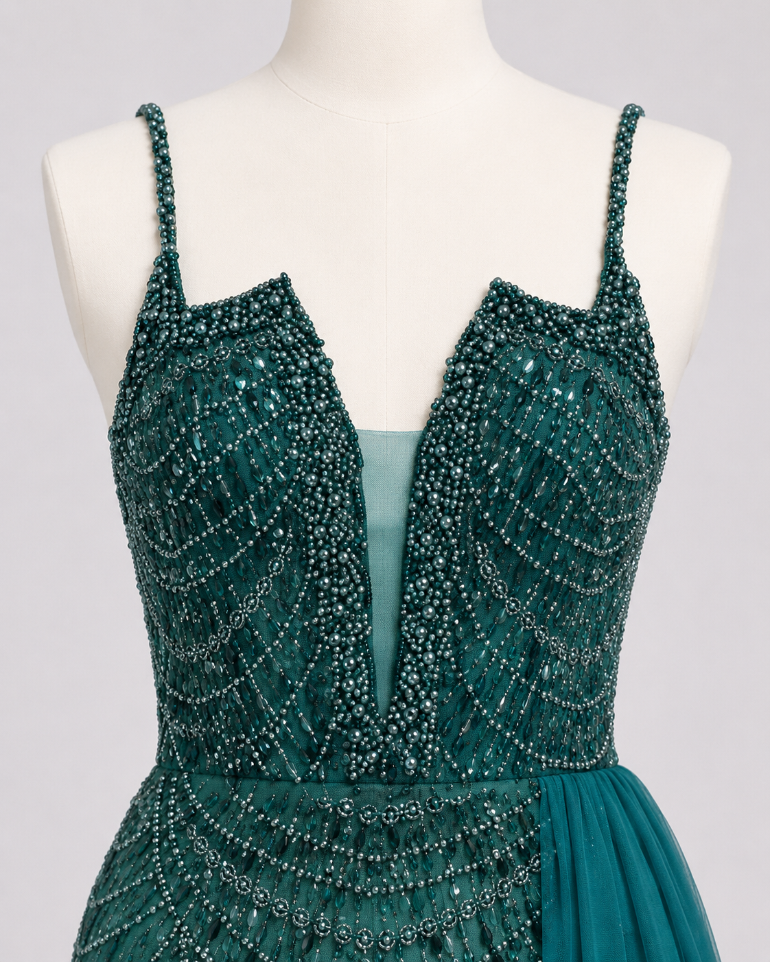 Glamorous Beaded Evening Dress with High Slit and Tulle Overlay SL192