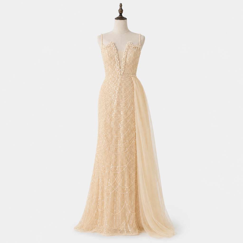 Glamorous Beaded Evening Dress with High Slit and Tulle Overlay SL192
