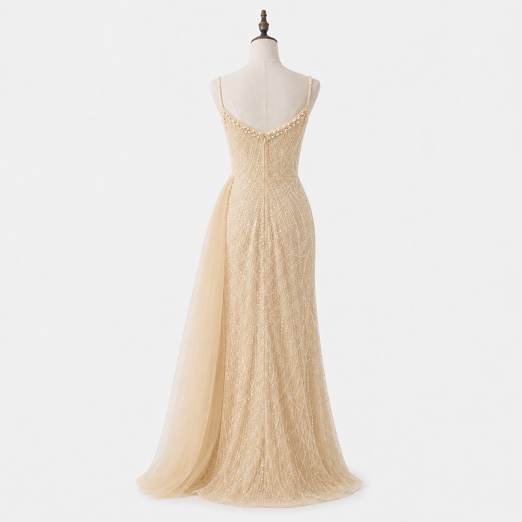 Glamorous Beaded Evening Dress with High Slit and Tulle Overlay SL192