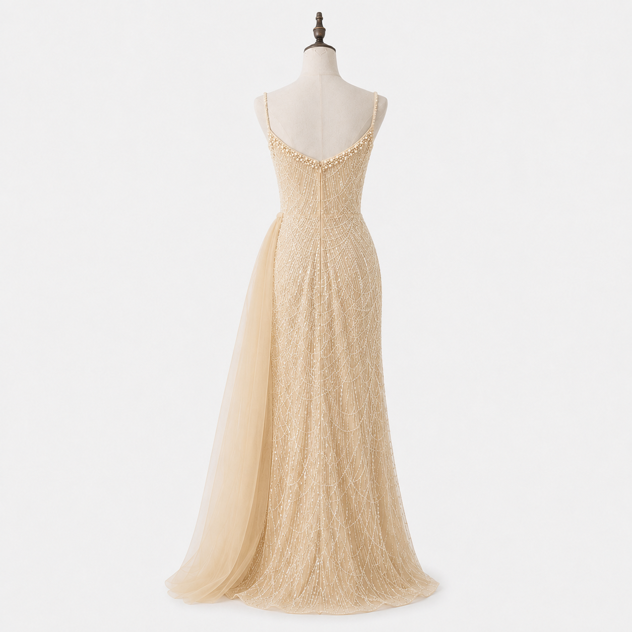 Glamorous Beaded Evening Dress with High Slit and Tulle Overlay SL192