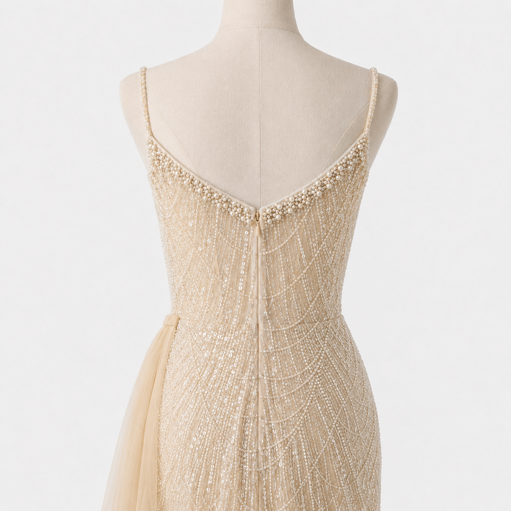 Glamorous Beaded Evening Dress with High Slit and Tulle Overlay SL192
