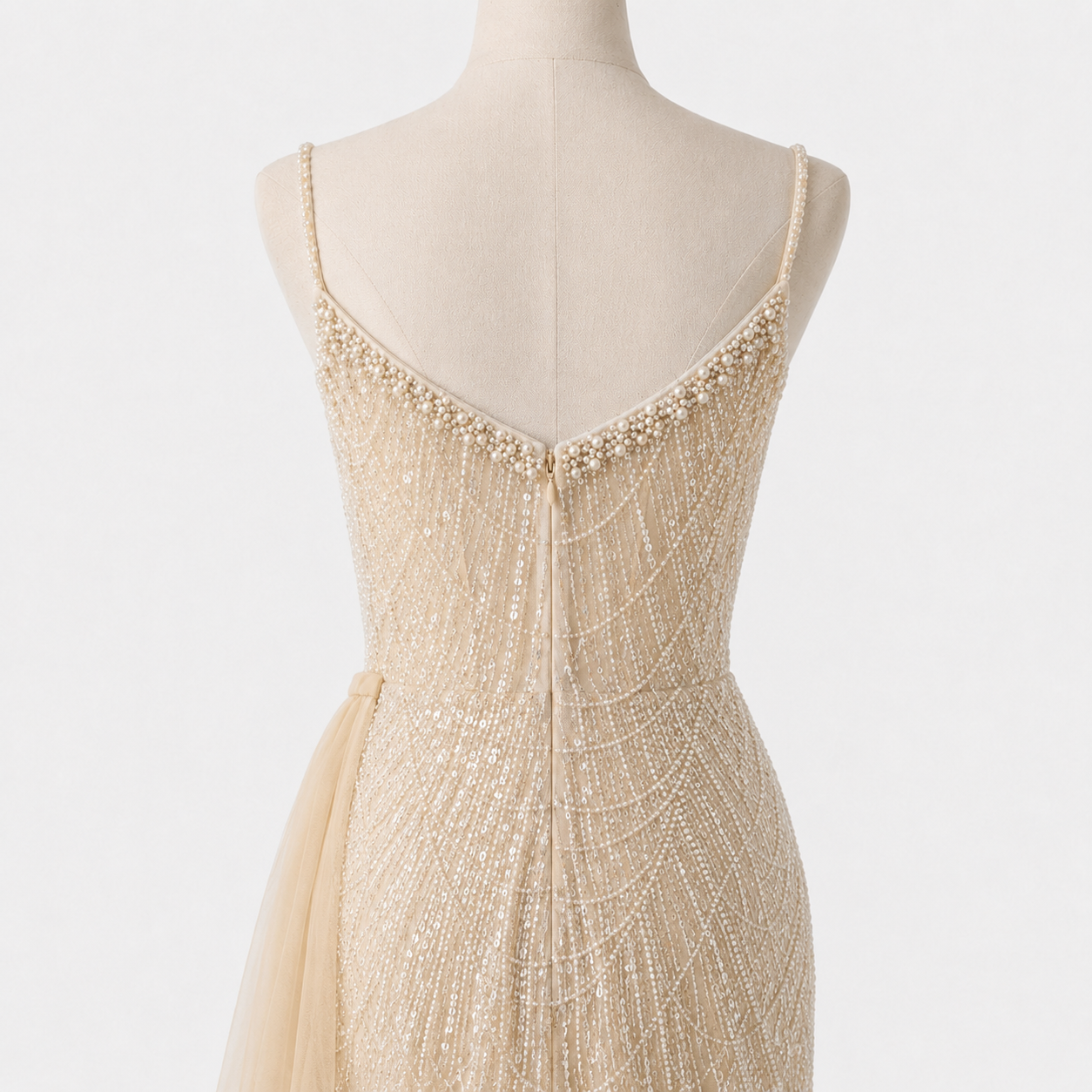 Glamorous Beaded Evening Dress with High Slit and Tulle Overlay SL192