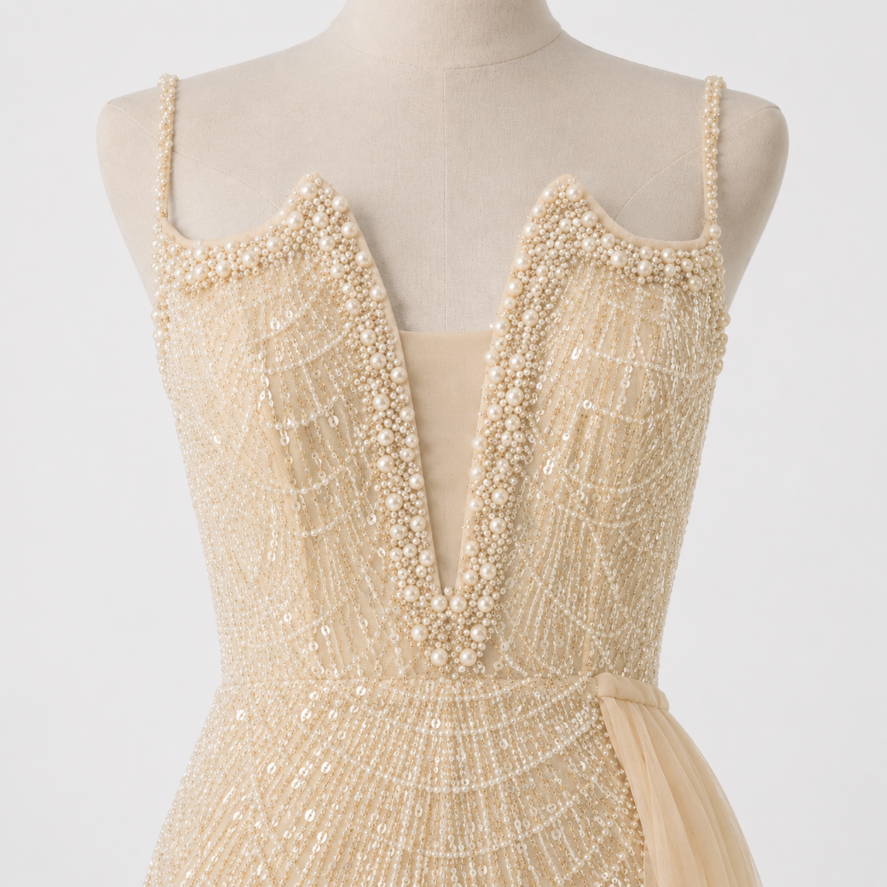Glamorous Beaded Evening Dress with High Slit and Tulle Overlay SL192