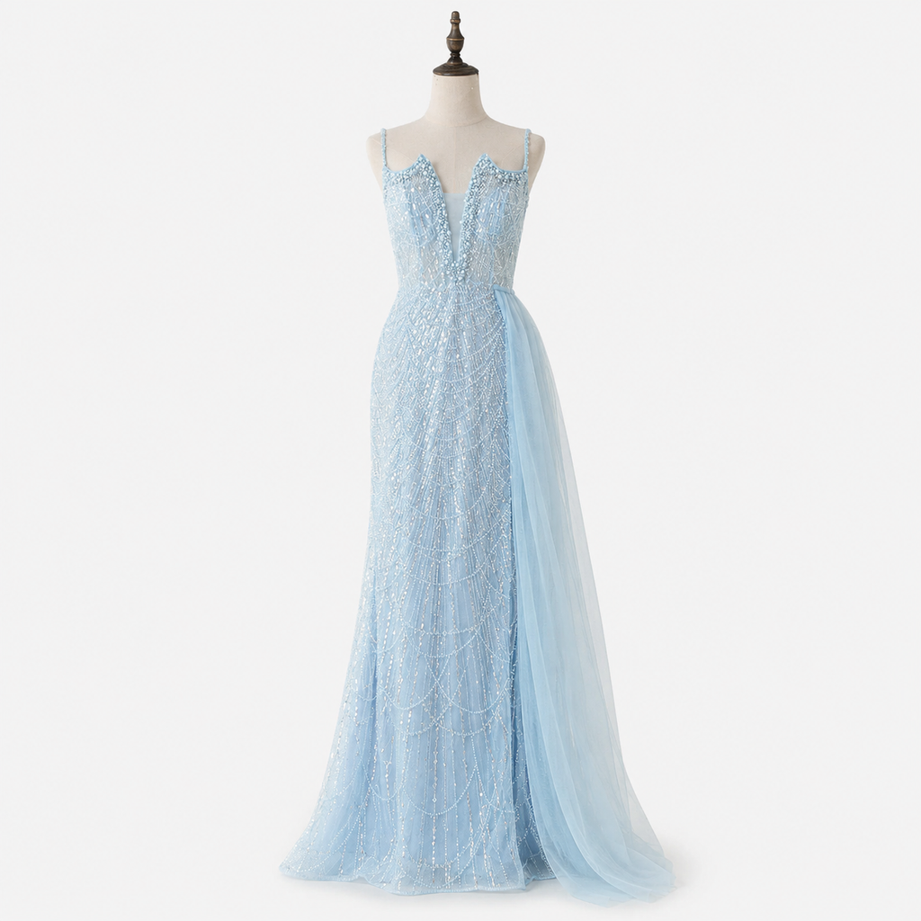 Glamorous Beaded Evening Dress with High Slit and Tulle Overlay SL192