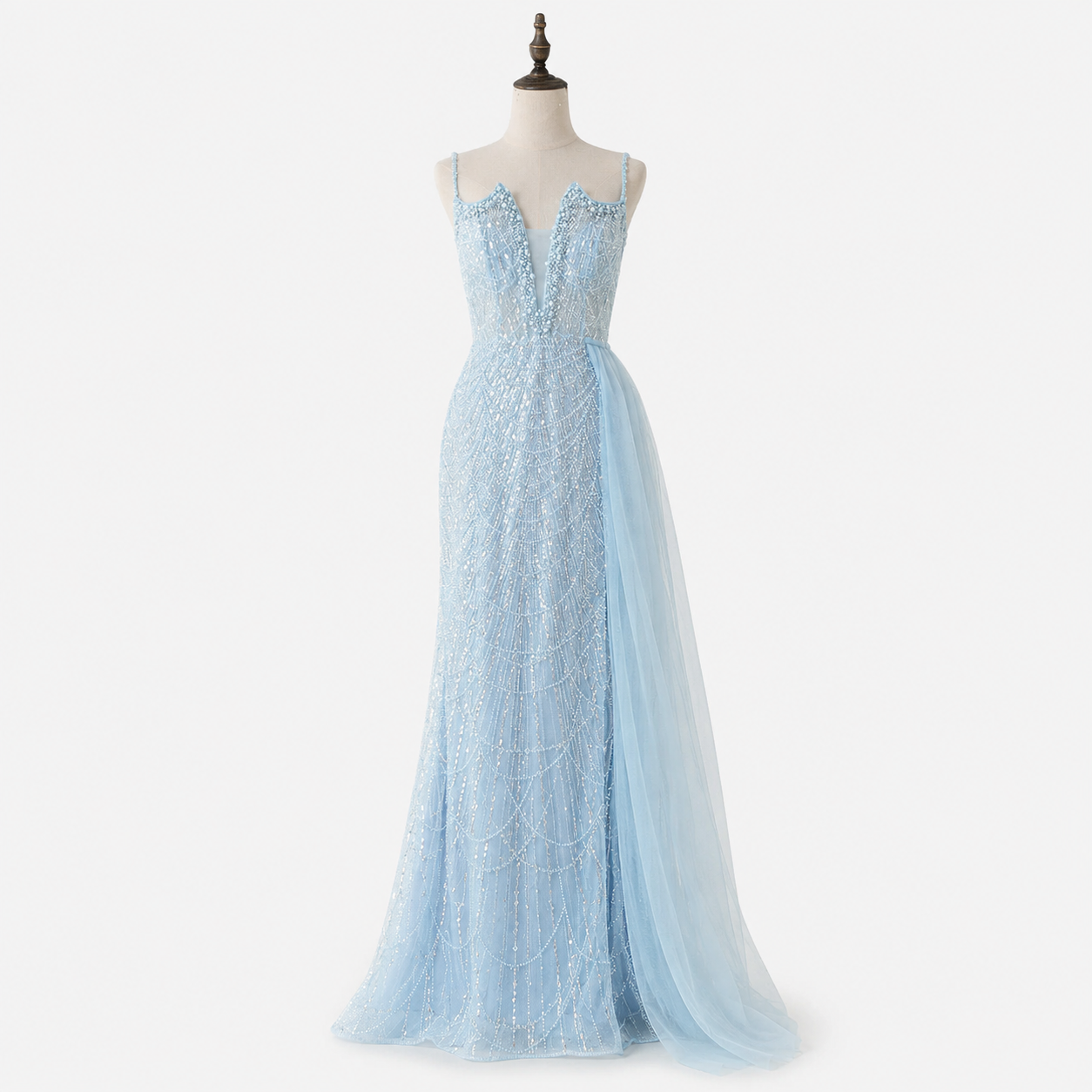 Glamorous Beaded Evening Dress with High Slit and Tulle Overlay SL192
