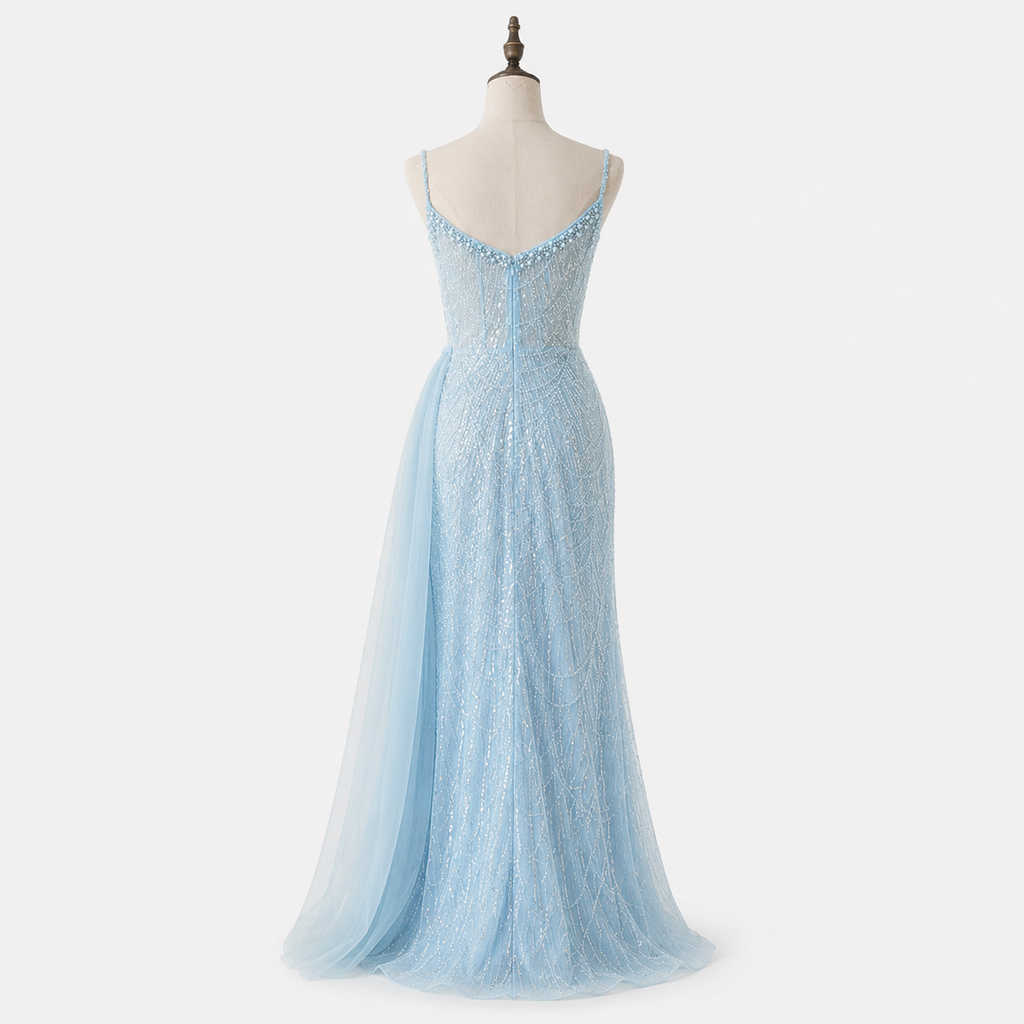Glamorous Beaded Evening Dress with High Slit and Tulle Overlay SL192
