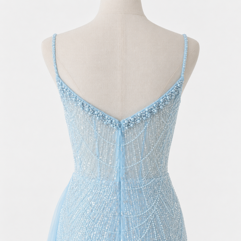 Glamorous Beaded Evening Dress with High Slit and Tulle Overlay SL192