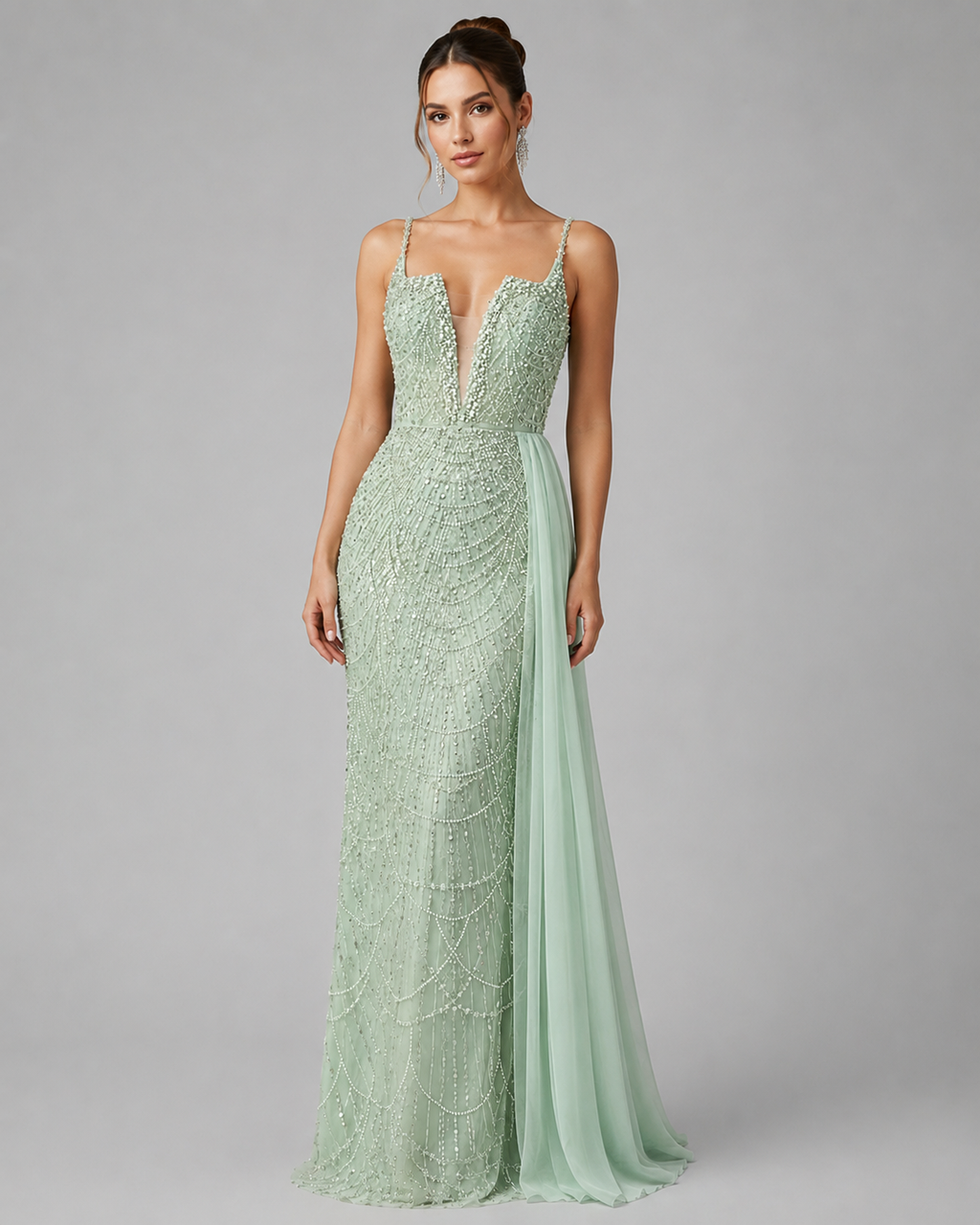 Glamorous Beaded Evening Dress with High Slit and Tulle Overlay SL192