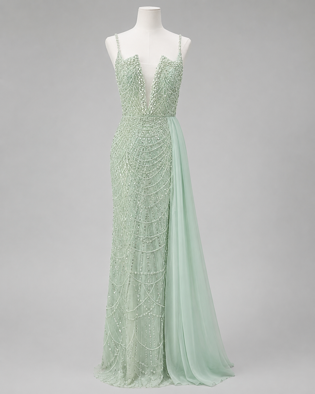 Glamorous Beaded Evening Dress with High Slit and Tulle Overlay SL192