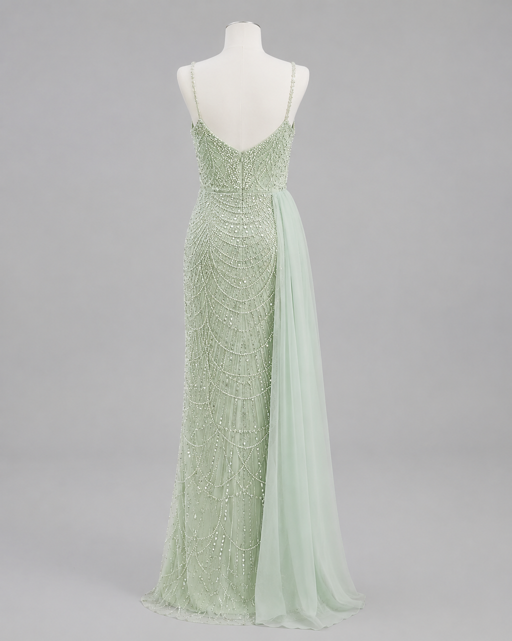 Glamorous Beaded Evening Dress with High Slit and Tulle Overlay SL192