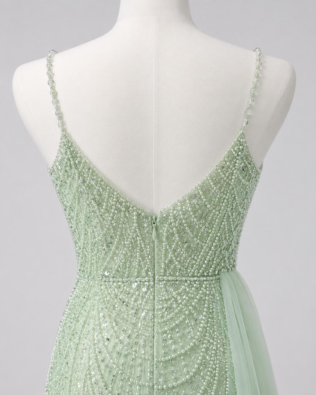 Glamorous Beaded Evening Dress with High Slit and Tulle Overlay SL192