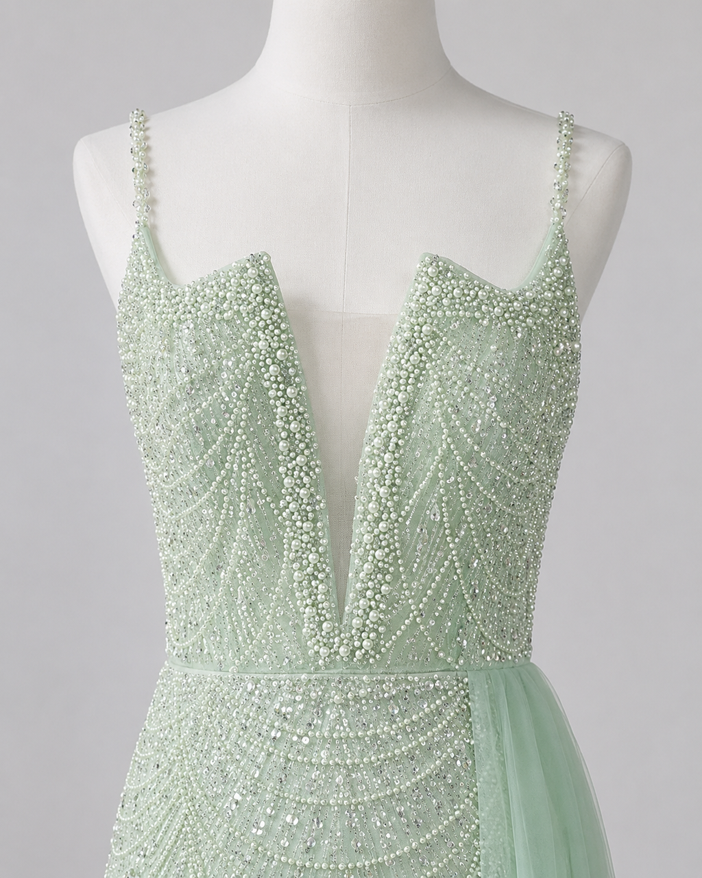 Glamorous Beaded Evening Dress with High Slit and Tulle Overlay SL192