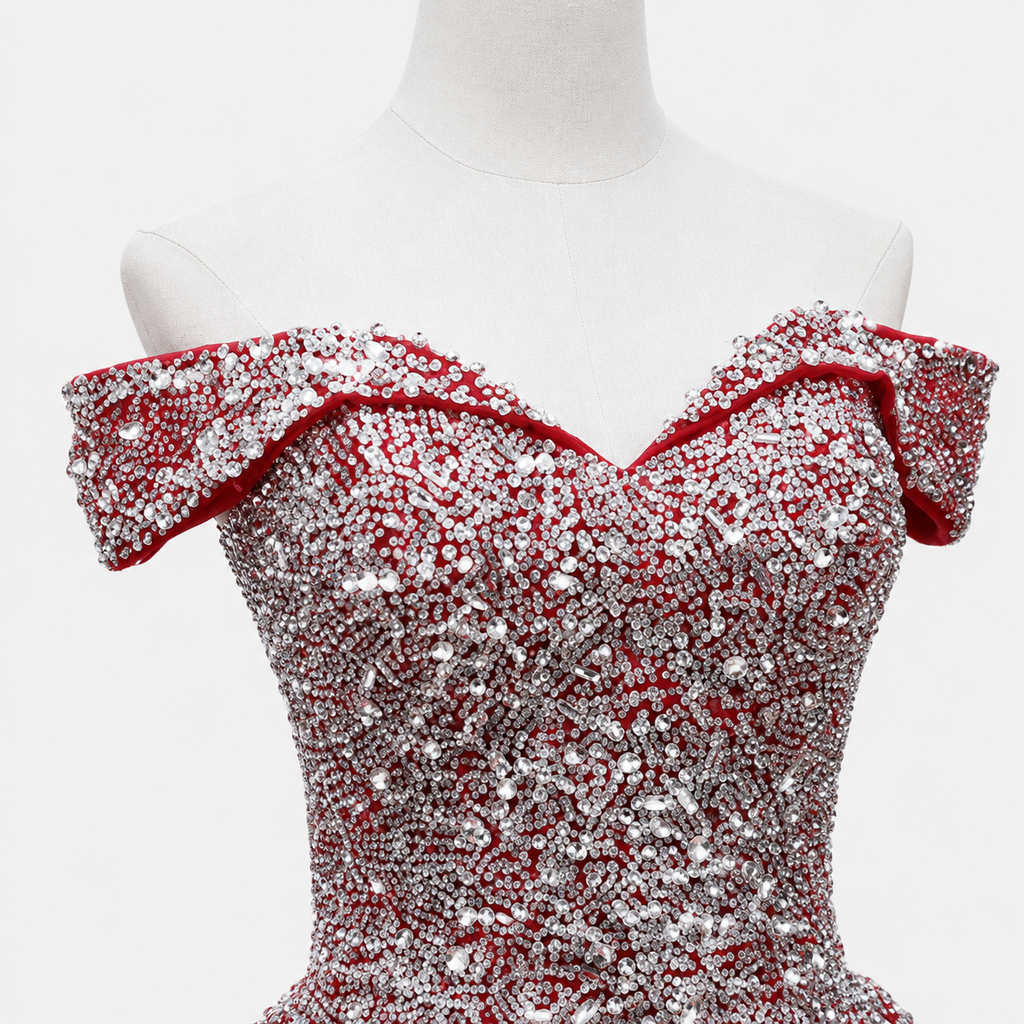 Luxury Red Crystal Ball Gown Off Shoulder Beaded Princess Prom Dress SL193