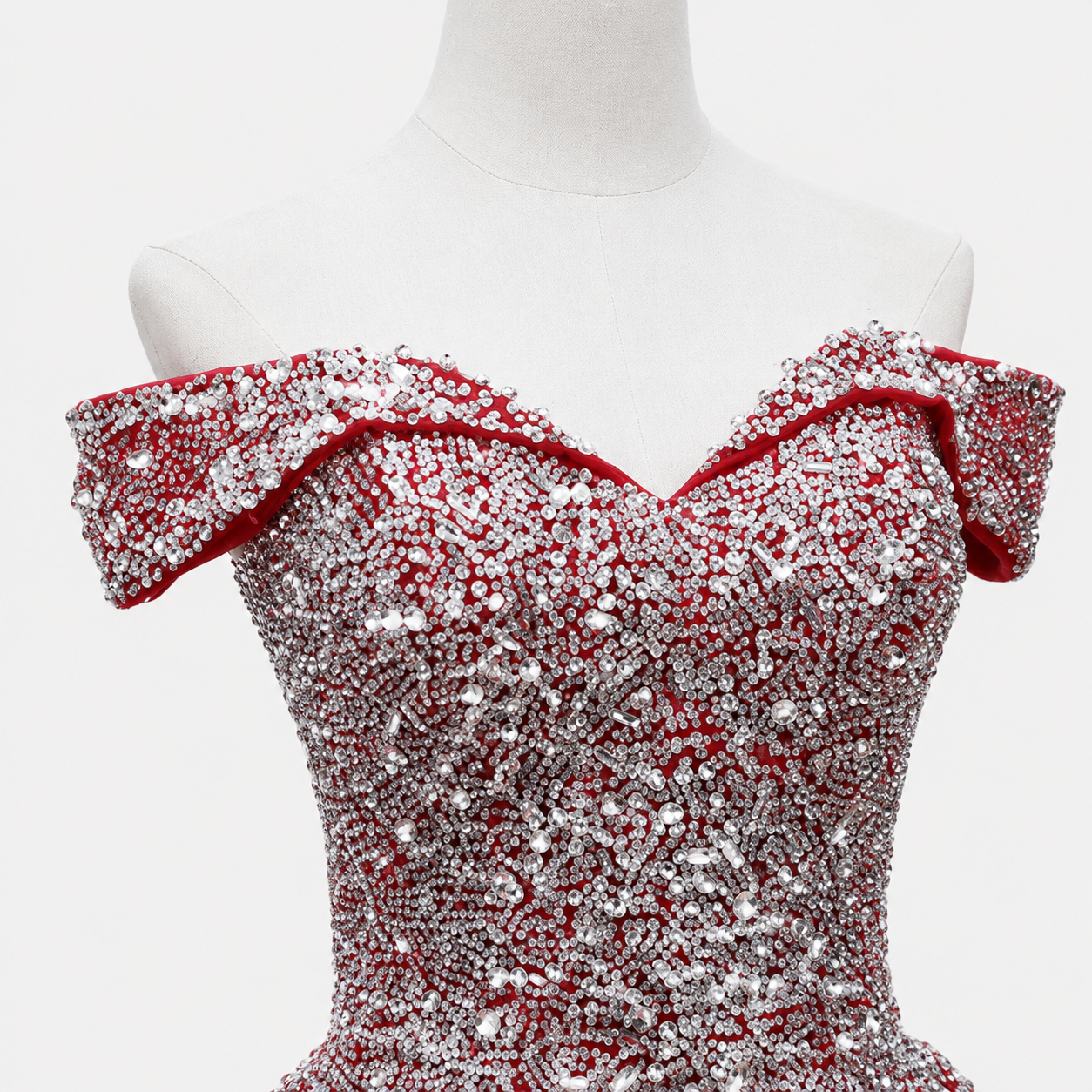 Luxury Red Crystal Ball Gown Off Shoulder Beaded Princess Prom Dress SL193