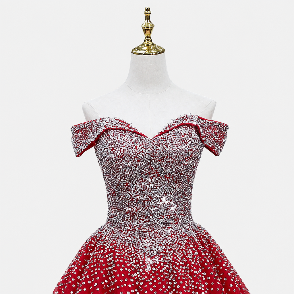 Luxury Red Crystal Ball Gown Off Shoulder Beaded Princess Prom Dress SL193