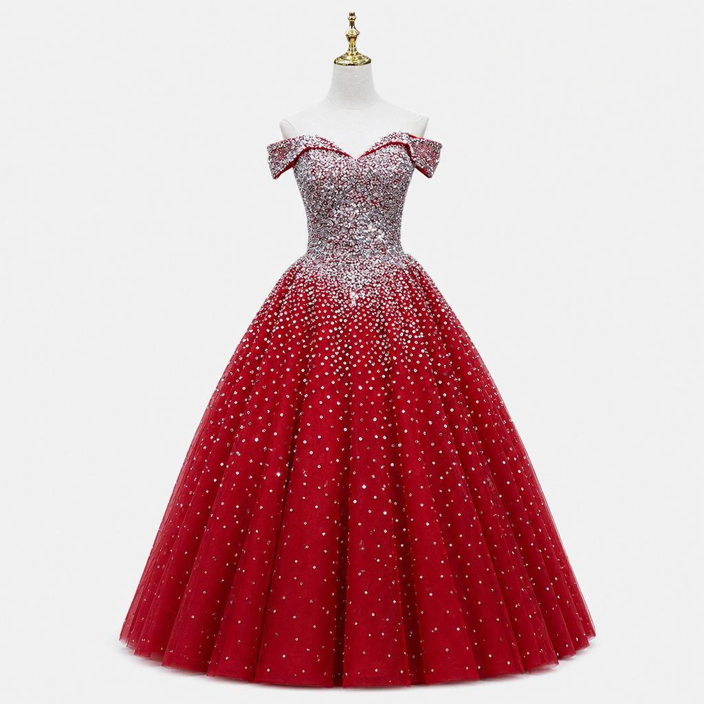 Luxury Red Crystal Ball Gown Off Shoulder Beaded Princess Prom Dress SL193
